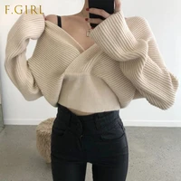 sweater 2021 autumn winter new solid color v neck sexy crossover fashion loose bat sleeve women clothing design korea