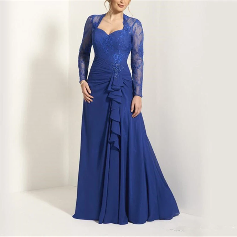 

Excellent Blue Chifofn And Lace Pleated Women's Dresses Full-length Asymmentric vestidos de madrina vestidos de fiesta