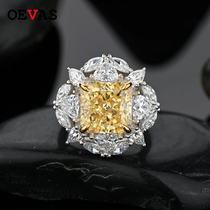 

OEVAS 100% 925 Sterling Silver Sparkling High Carbon Diamond Wedding Rings For Women Yellow Color 5A Zircon Party Fine Jewelry