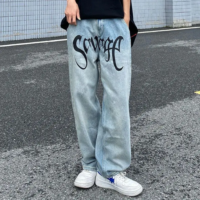 

Hip-hop jeans men women 2021 spring autumn high street all-match loose straight leg thin streetwear retro mopping baggy pants