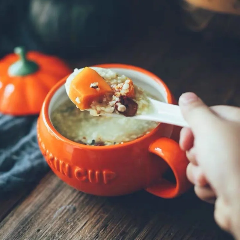 

Ceramic Mug with Lid Breakfast Cup Large Capacity Yogurt Pumpkin Household Oatmeal Coffee Cups Creative Relief High Temperature