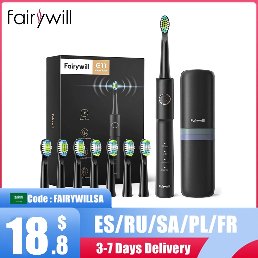 

Fairywill Sonic Electric Toothbrush E11 Waterproof USB Charge Rechargeable Electric Toothbrush 8 Brush Replacement Heads Adult
