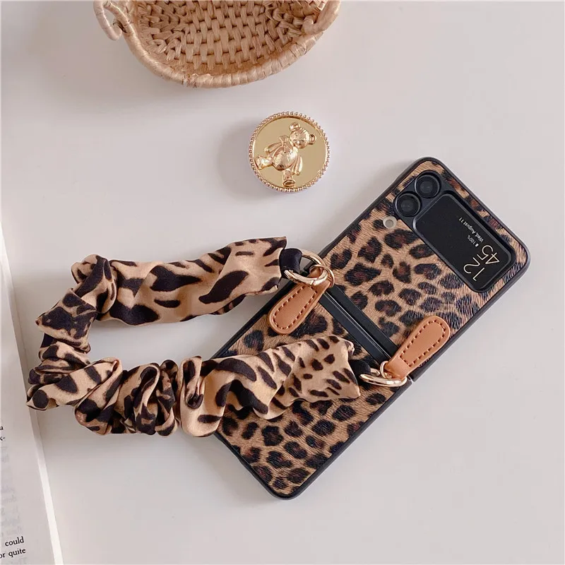 woman sexy leopard print leather with cloth bracelet phone case for samsung galaxy z flip 3 5g cute gold bear bracket hard cover free global shipping