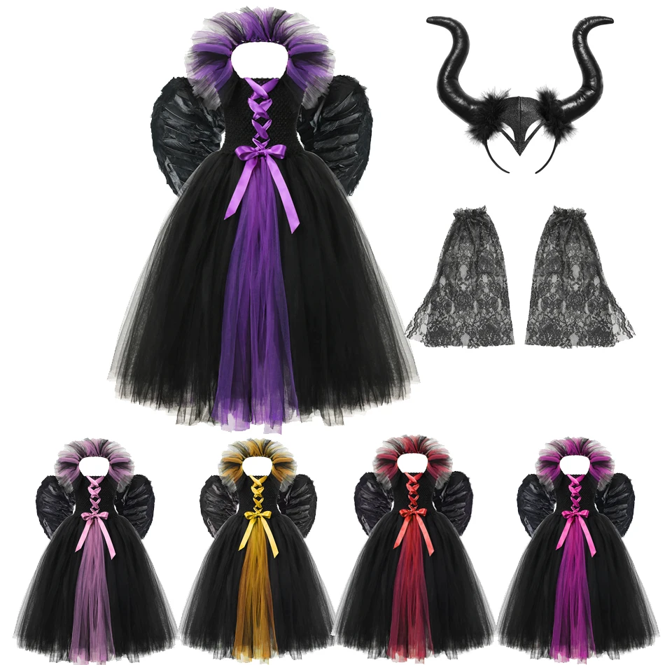 

3PCS Clothing Set for Girls Tutu Dress Maleficent Headgear Wings Descendants Villain Cosplay Costume Evil Queen Frock