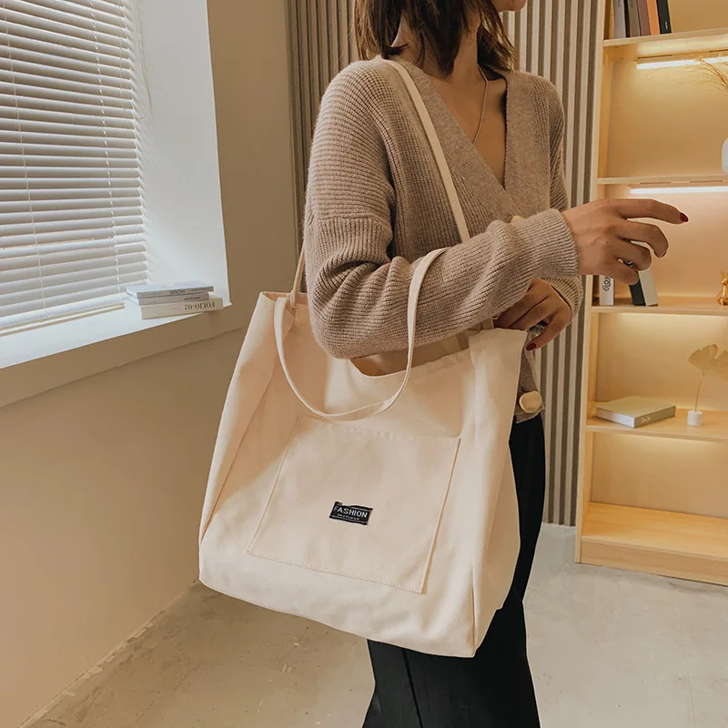 

Simple Big Capacity Canvas Shoulder Bag Women's Shopping Bag Female Hand Bags Corduroy Storage Reusable Foldable Tote Bag