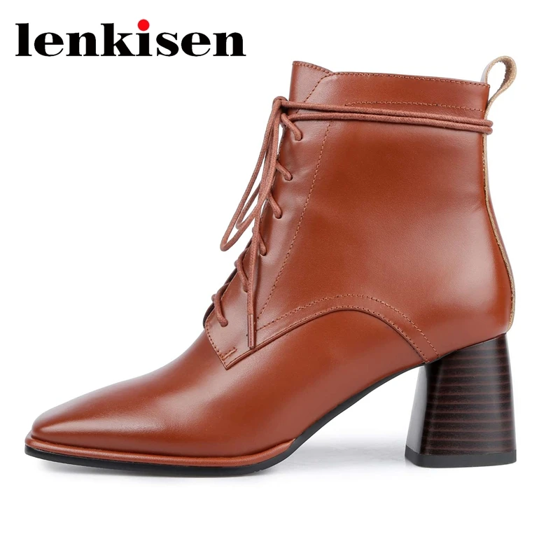 

Женские ботинки Lenkise, зимние теплые ботинки из натуральной кожи, с квадратным носком, на высоком каблуке, ручной работы, с перекрестной шнуро...