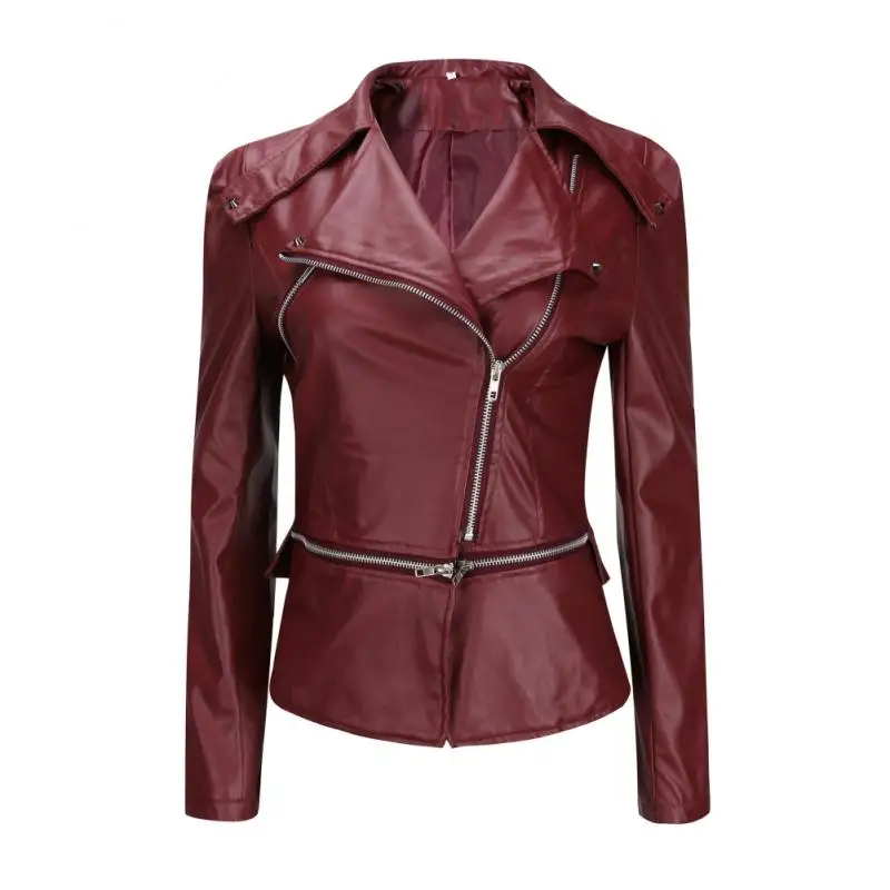 

Women Autumn zipeer Soft Leather Jacket Coat Turn-down Collar Casual Pu Motorcycle Black Punk Outerwear