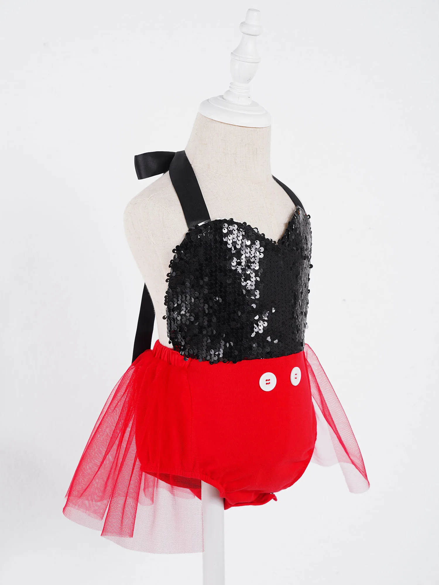 

Red Toddler Girls Cartoon Mouse Cosplay Costume Halter Neck Open Back Sequins Mesh Adorned Short Romper