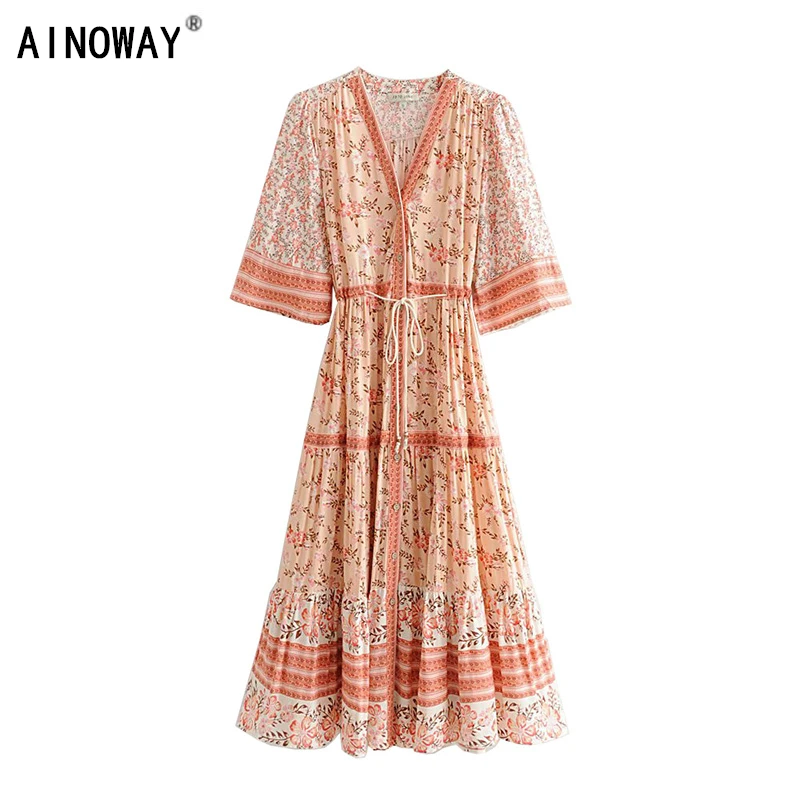 Женское винтажное платье в стиле бохо летнее плиссированное с цветочным принтом