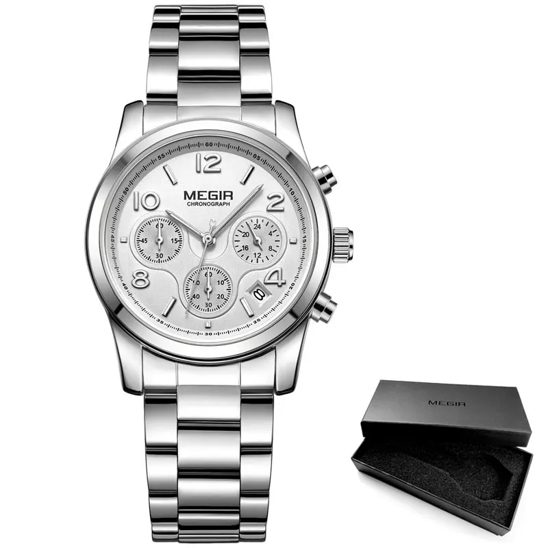 M2057L-White Megir женские часы с хронографом, кварцевые часы для женщин, Лидирующий бренд, роскошные часы из розового золота, наручные часы Relogio Feminino часы женские 2057 - Цвет: M2057L-White