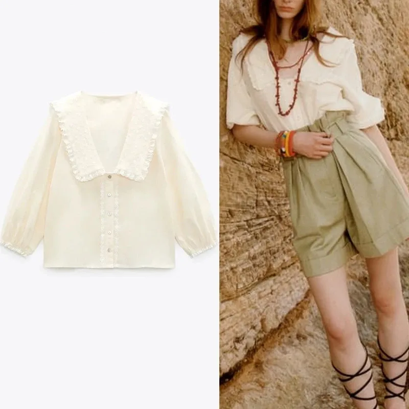 

Женская блузка с вышивкой Za, винтажная Повседневная Блузка с длинными рукавами-фонариками и оборками, на пуговицах, с вышивкой, лето 2021