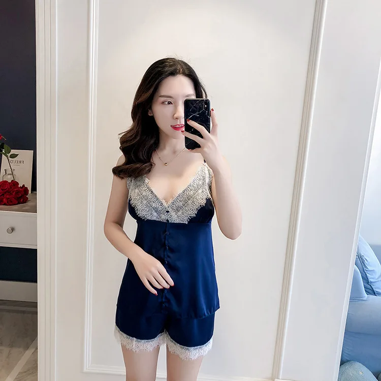 Сексуальный летний женский халат серебристого и синего цвета из 2 предметов топ