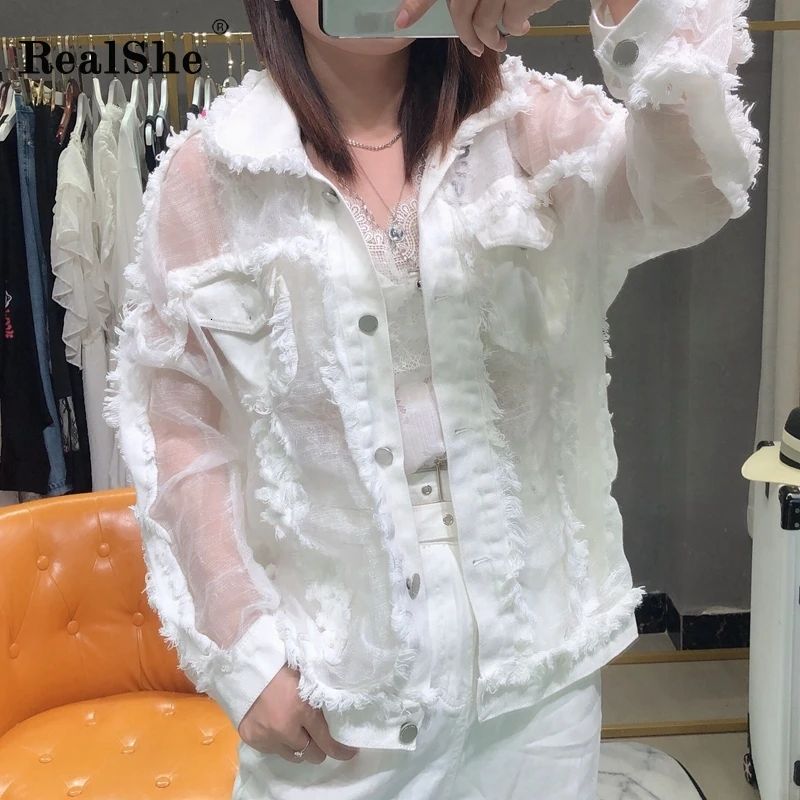 Realshe джинсовая женская куртка с отворотом длинным рукавом карманами кисточками