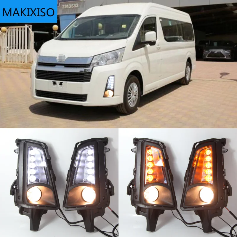 

1 пара светодиодный противотуманный фонарь DRL для Toyota Hiace, 2019, 2020, 12 В, Автомобильный светодиодный светильник дневного света с желтым поворото...