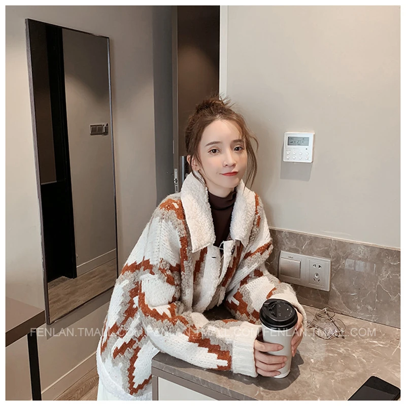 

Aihuyigui Autumn New Winter Women Knitted Cardigan Sweater Long Cardigan V Neck Vintage Geomertric Oversized Cardigans Sweater