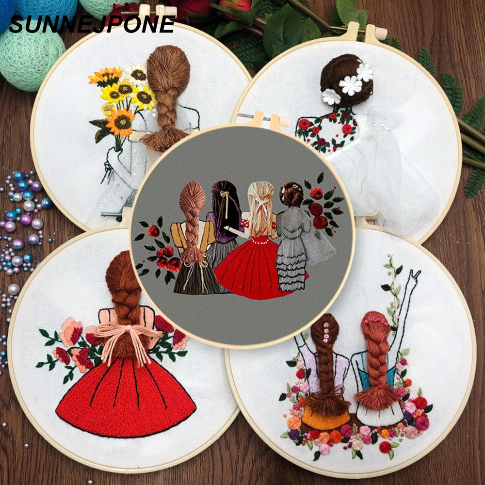 

DIY Embroidery Kit Girl Handwork Needlework for Beginner Painting Embroidery Hoop Cross Stitch Kits Sewing Tools