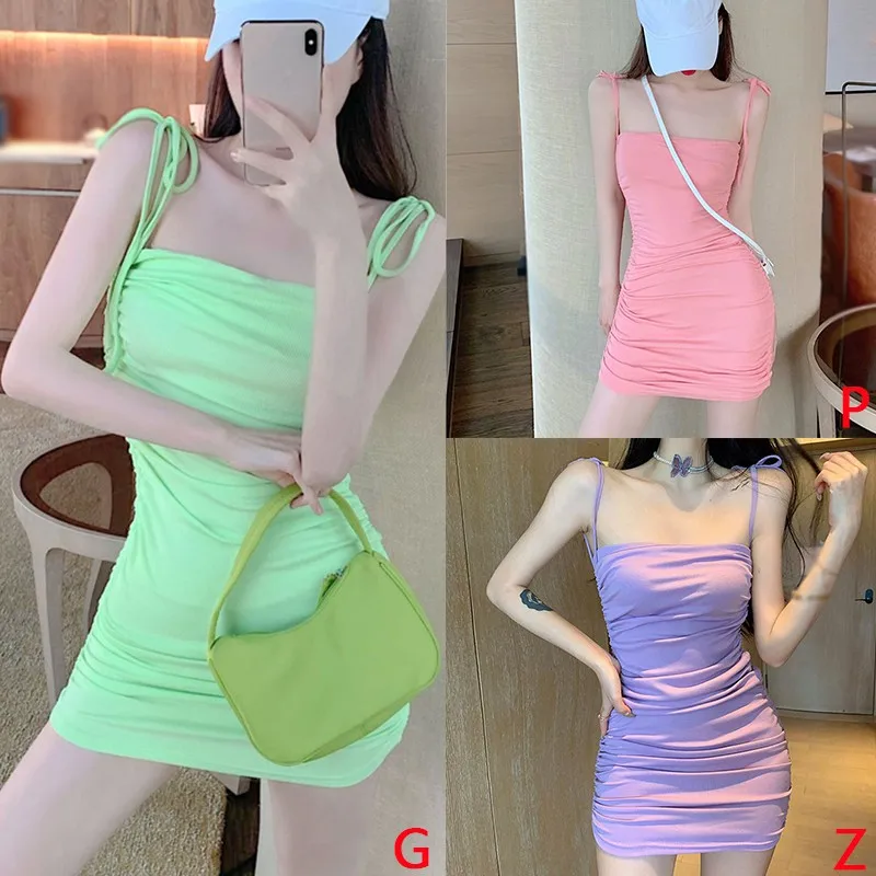 

Ladies Summer Sexy Suspender Dress Solid Color Bandage Tight Backless Club Party Mini Dress