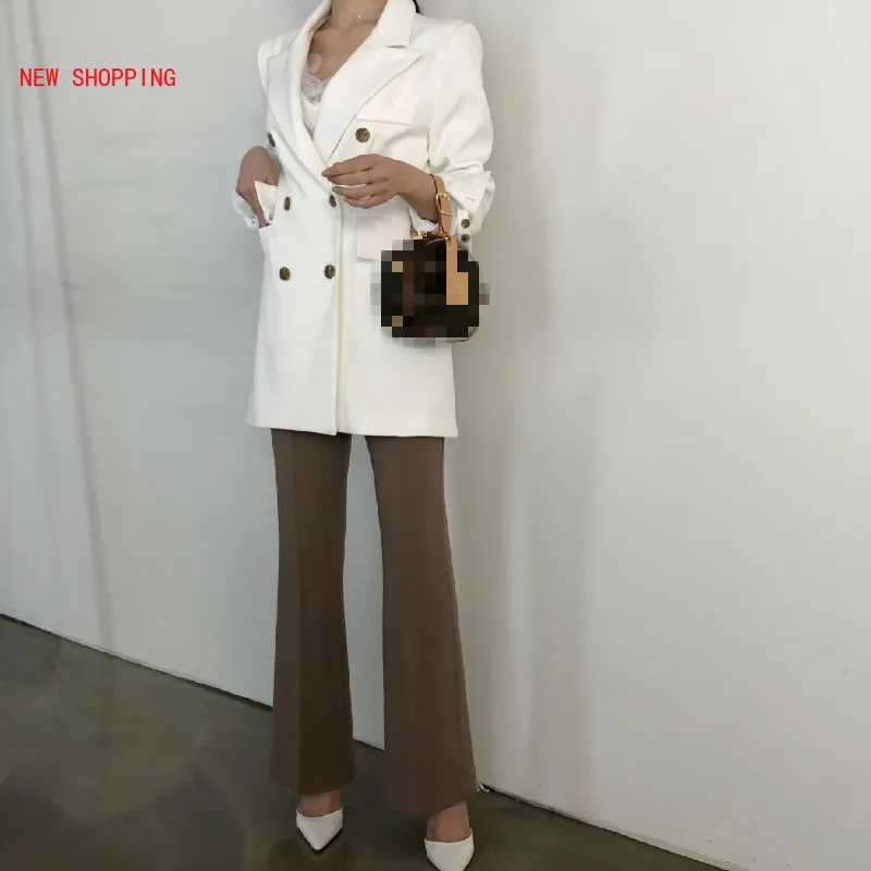 

New Korean White Suit Jacket Winter Women Coats Casual Double Breasted Vintage Elegant OL Coat Outerwear Black Office Lady 2020