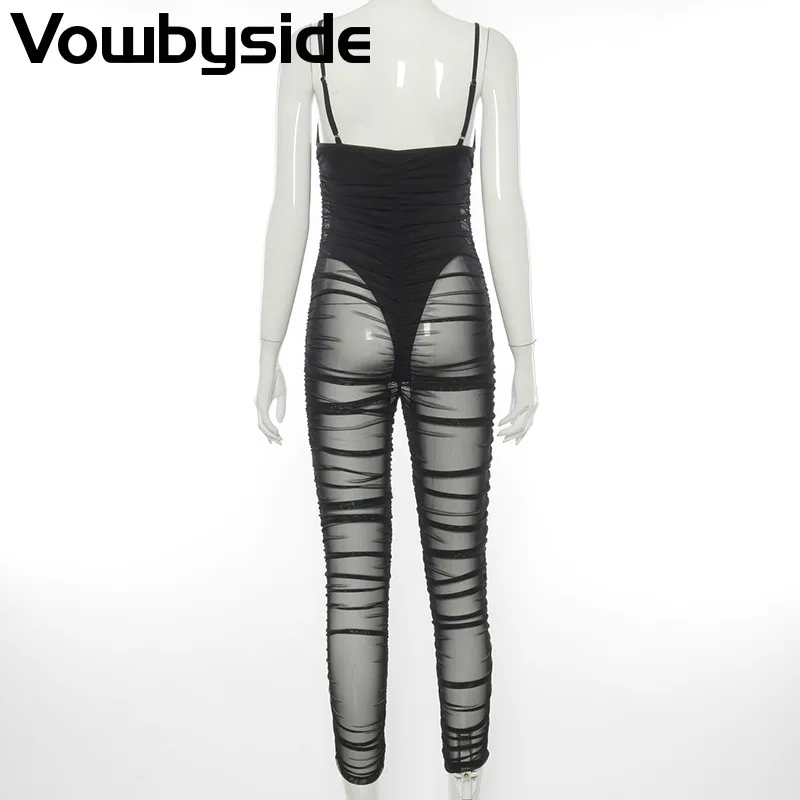 

Spring New Solid Color Sexy Suspender Halter Net Gauze Jumpsuit Romper Playsuit