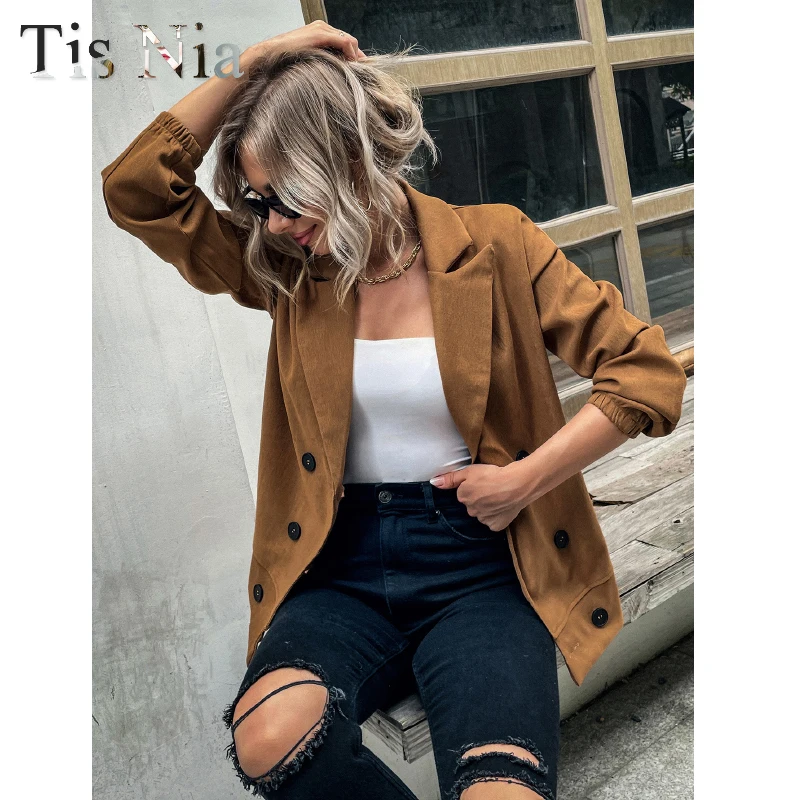 

Office Ladies Notched Collar Camel Women's Blazer Double-Breasted Autumn Jacket 2022 Casual Pocket Women's Blazer Jacket XL