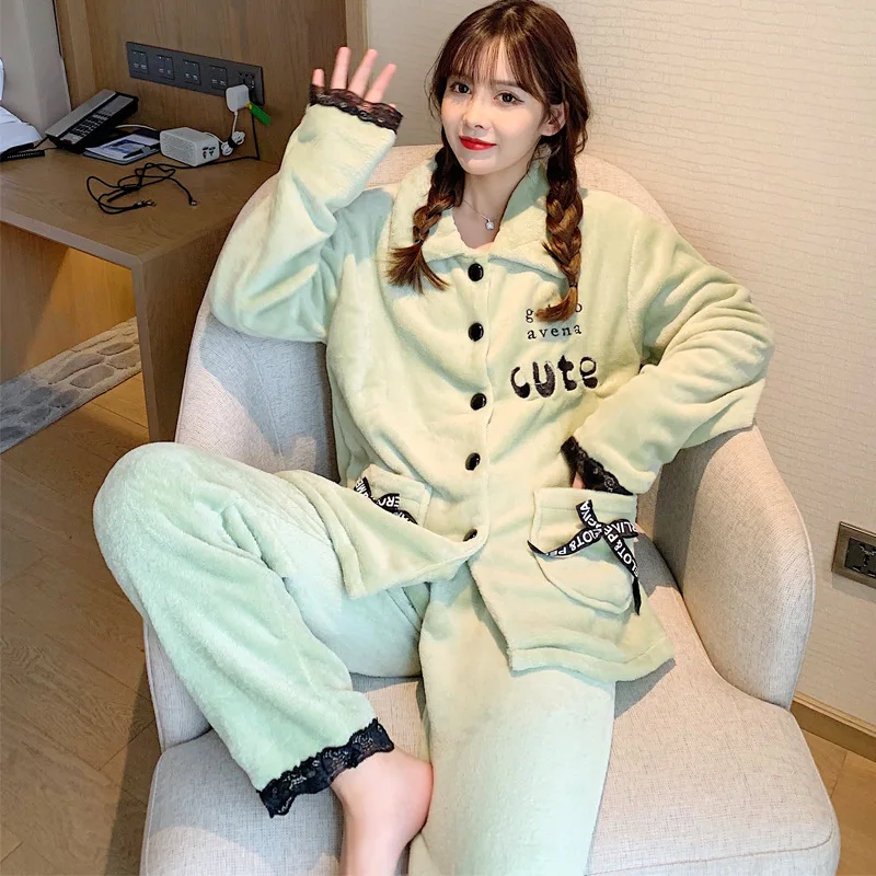 

Coral Fleece Shirt&Pants Lady 2PCS Pajamas Suit Loose Sleepwear Flannel Nightgown Winter Nightwear Letter Thick Homewear Pijamas