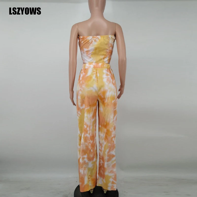 

Summer Womens Suits Set Sexy Tie Dye Print Lace Up Crop Tops & High Waist Wide Leg Pants Strapless Beach Party Two Piece Outfits