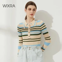 wixra womens slim fit sweater bodysuit turn down collar striped spring autumn female knit strenchy long sleeve jumpers