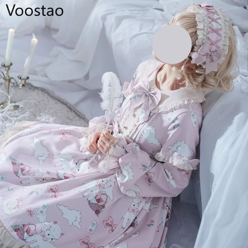 

Japanese Sweet Lolita Op Dress Soft Girl Vintage Cute Lamb Print Princess Dress Women Kawaii Lace Ruffles Bow Tea Party Dresses