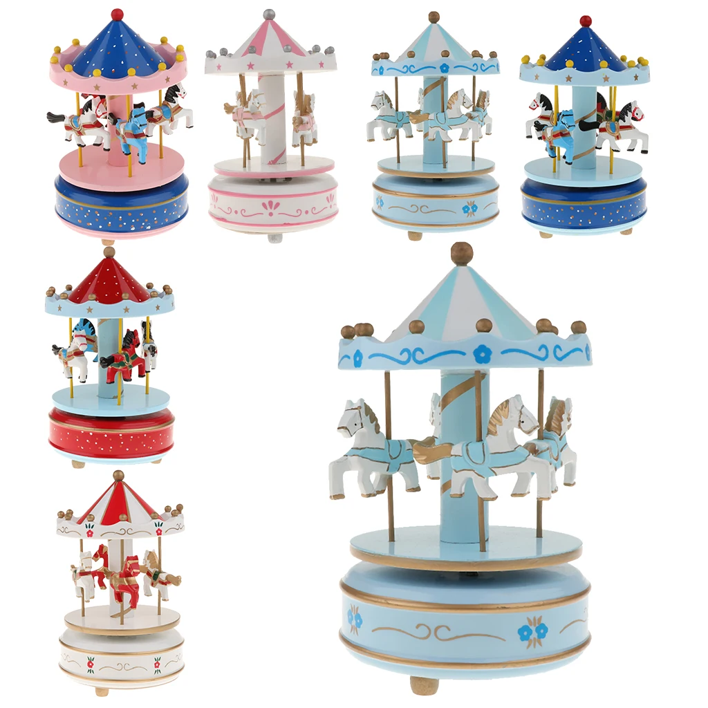 Симпатичная деревянная музыкальная шкатулка с поворотной каруселем заводная