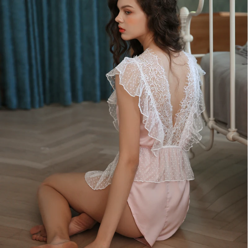 Пикантные комбинезоны для взрослых женщин кружевная Пижама с оборками одежда