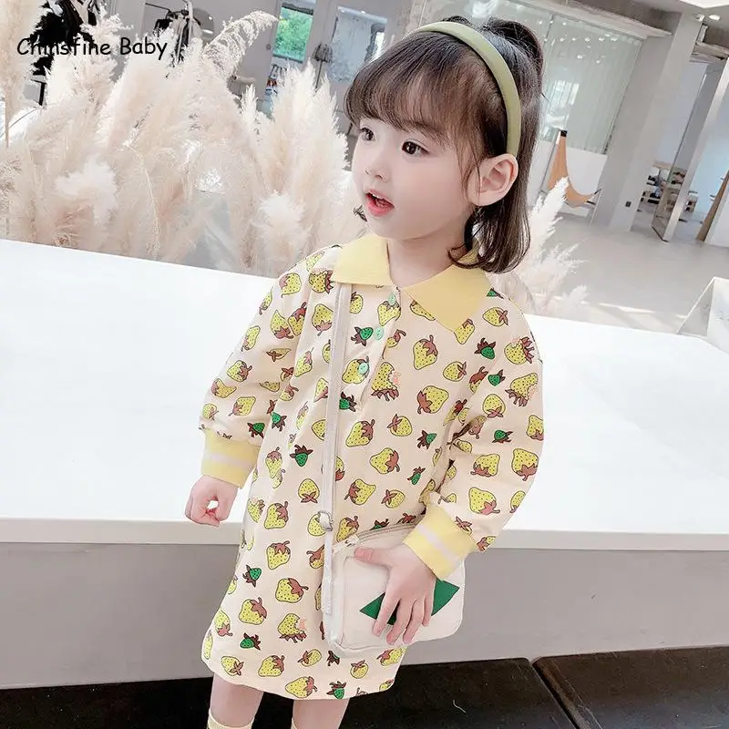 

Autumn 2020 New Girls' All Over Strawberry Polo Skirt Kindergarten Long Sleeve Dress Fashion