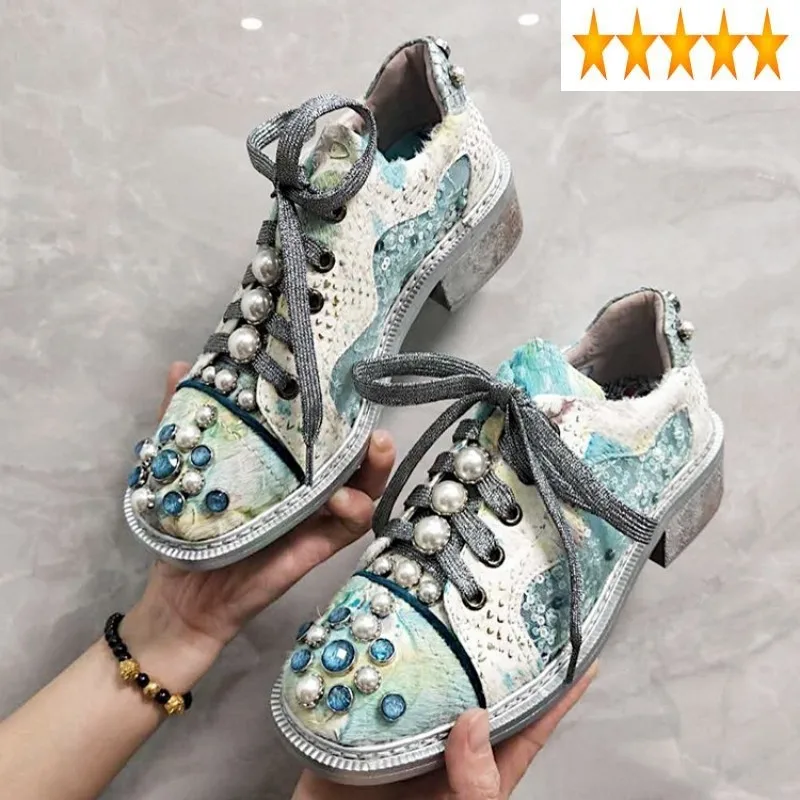 

Out кепки с сеточкой на весну дышащие Стразы Женская Уличная обувь, на шнуровке, с принтом; С отделкой из жемчуга для невесты; На толстом каблу...