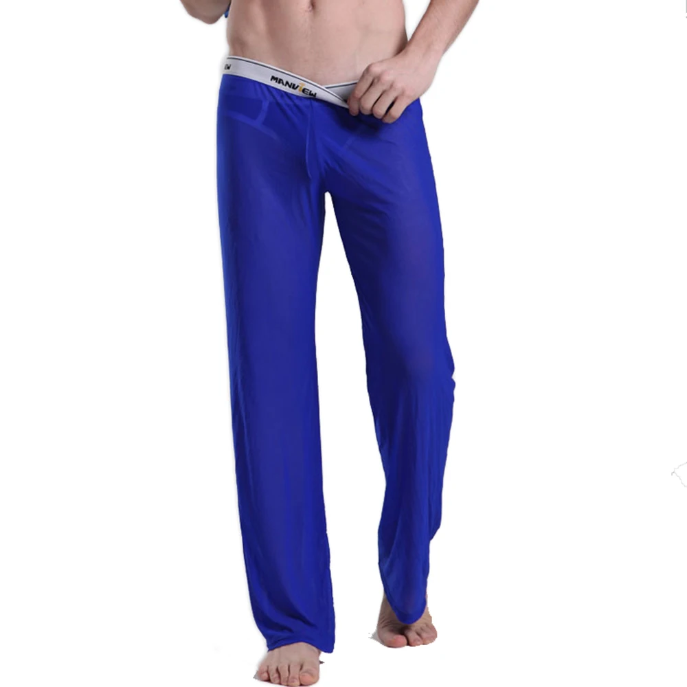 Pijamas informales de malla ultrafinos para hombre, pantalones largos transparentes, sexys, ropa de dormir