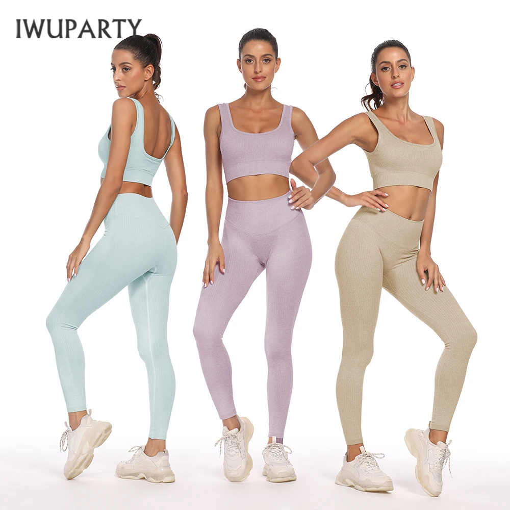 

IWUPARTY 2PCS/Set Gym Seamless Fitness Women Yoga Suit Stretchy Workout Sport Set Padded Sports Bra High Waist Scrunch Leggings