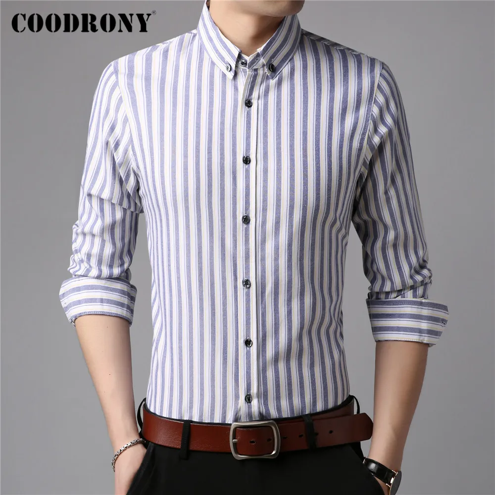 

COODRONY Brand Spring Autumn New Arrival Business Casual Social Dress Smooth Cotton Long Sleeve Slim Fit Striped Shirt Men C6166