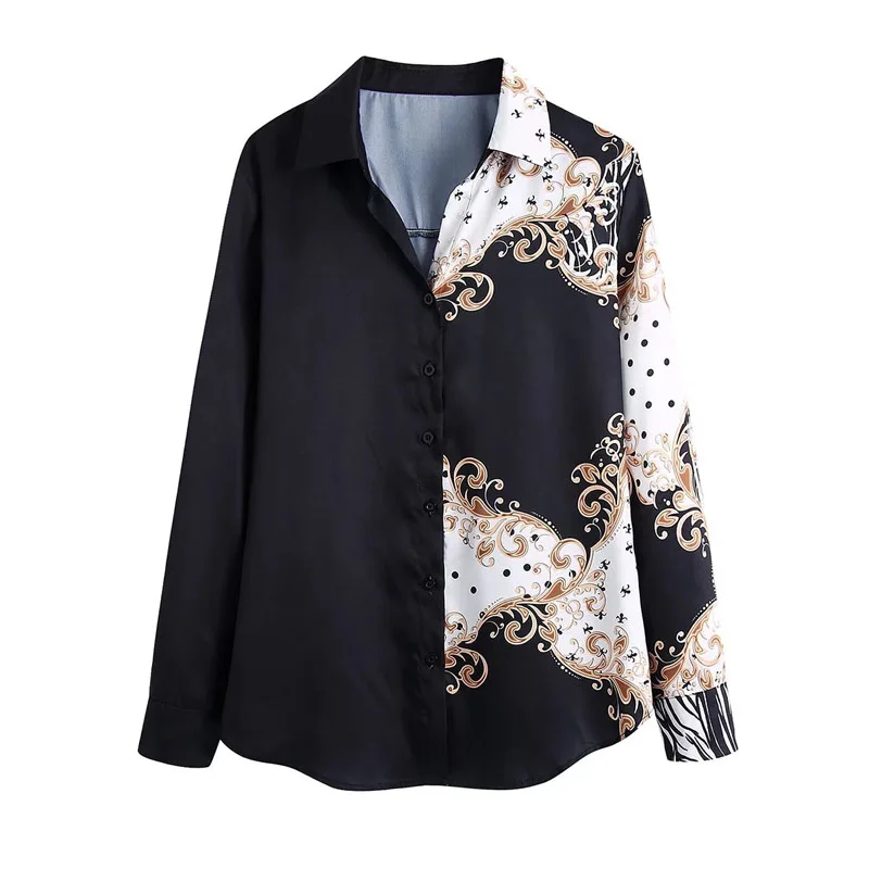 

Женская Офисная рубашка с длинным рукавом, элегантная повседневная блузка составного кроя с отложным воротником и принтом, модель 2021 на осе...
