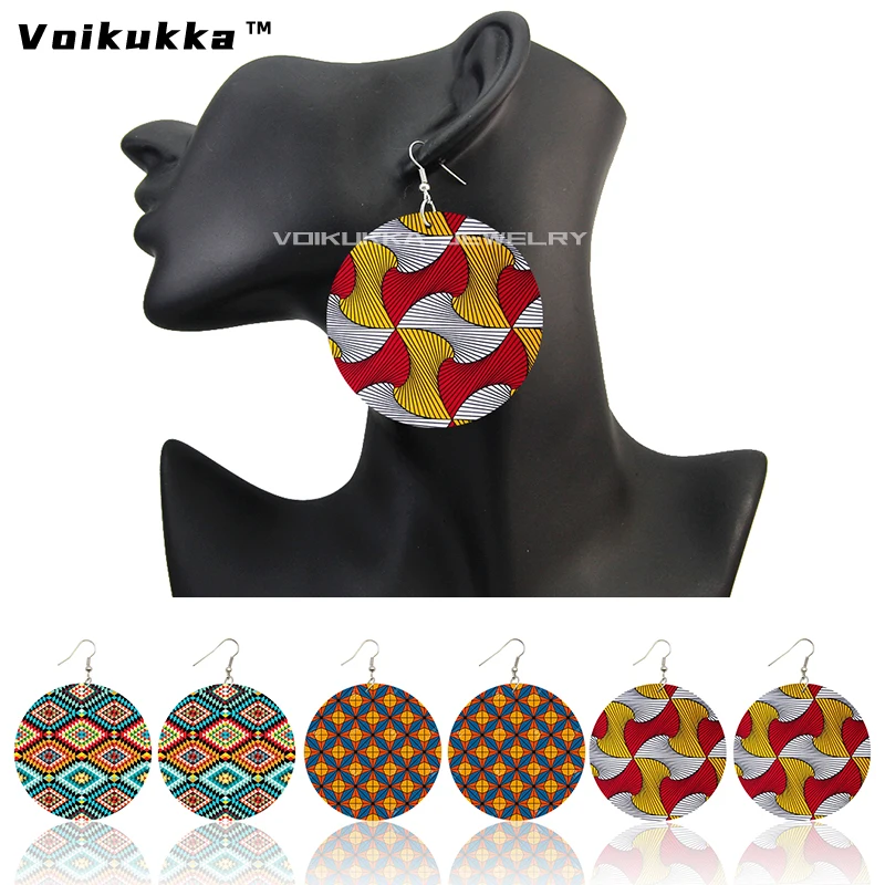 

Voikukka Jewelry African Ethnic Dress Fabric Printing Wooden Double Sides Print Round Drop Dangle Women Earrings Accessories