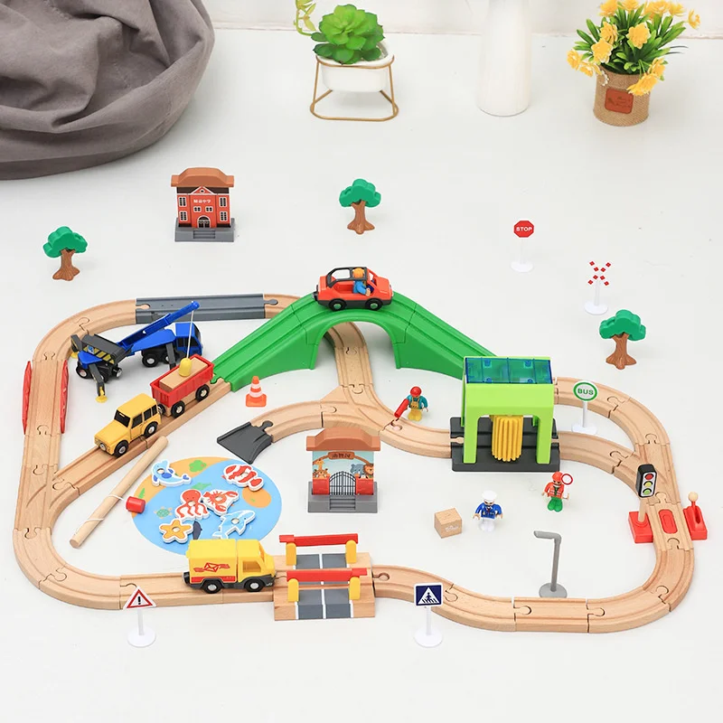 Wooden Track Train Set Car Wash Room Wooden Railway Car Educational Toys Compatible for Thomas Wooden Track Toys for Kids Gift