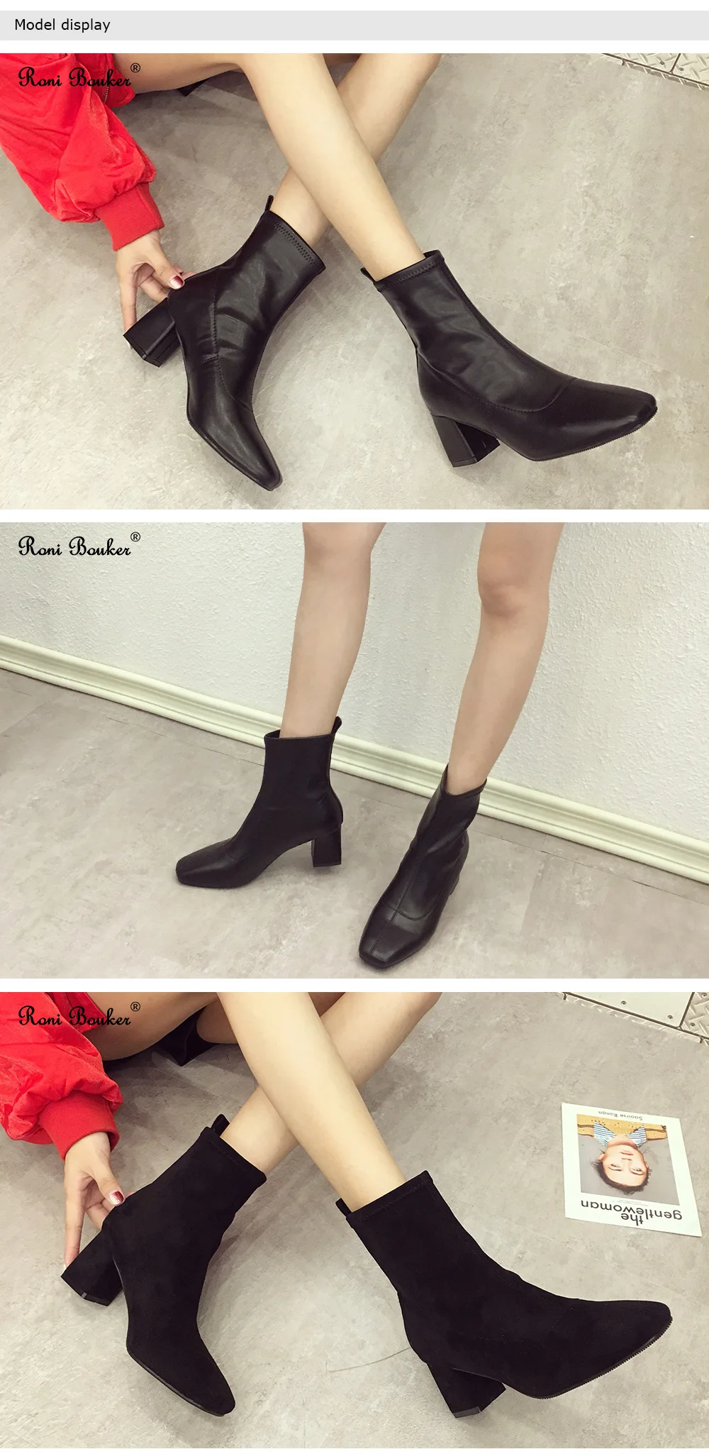 Roni Bouker Autumn Winter High Heels Shoes Woman Square Toe Ankle Boots Women Fashion Flock Leather Booties Female Botas Mujer40