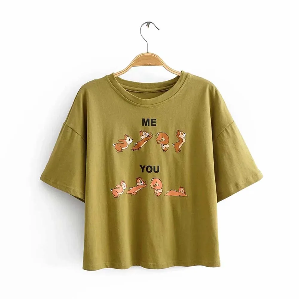 Grass yellow Летняя модная футболка Женская harajuku Корейская одежда уличная мультяшная девочка принт хлопок с круглым вырезом Футболка Топы Большие размеры - Цвет: Grass yellow
