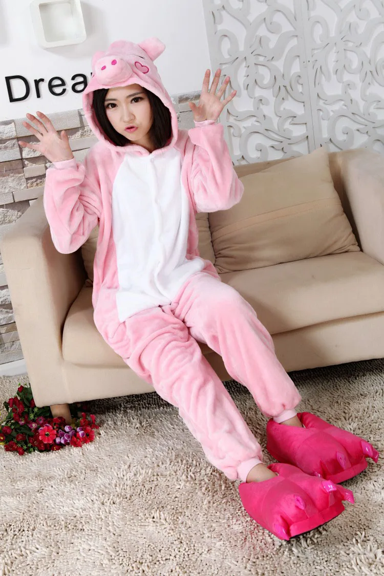Kigurumi Women's Pajamas Free Shipping Pink Pig Flannel Clothing Warm Onesie Soft Overalls Girl Funny Cosplay Jumpsuits