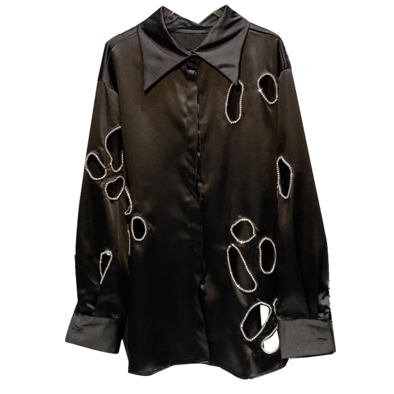 

2021 Summer Women Satin Shirts Sequins Diamond New Fashion Hole Drill Hollow Edge Shiny Mercerized Cotton Shirt
