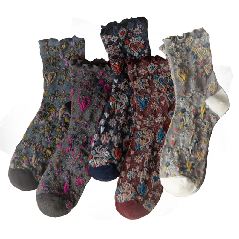 3 Pairs Long Cycling  Winter Socks Women Fashion Print Korean Cotton Socks Pack Street Style Harajuku Flowers Chaussettes Femme