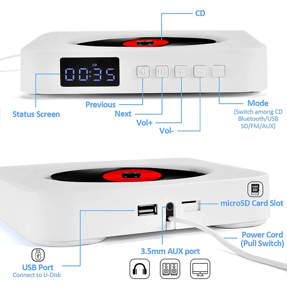Настенный CD-проигрыватель FM-радио Bluetooth USB портативный музыкальный проигрыватель