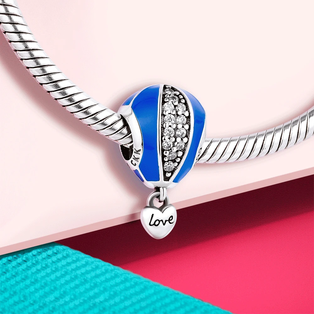 CKK 100% 925 Sterling-Silver-Jewelry Blue Hot Air Balloon Dangle Heart Charm DIY Fits for Making Charms Bracelets Necklace | Украшения и