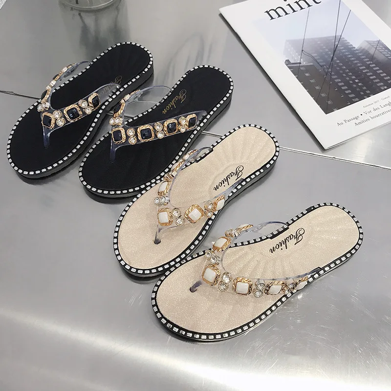 

Women Black Crystal Beach Anti Skid Flip Flops Women Fashion Bling Female Sweet Apricot Light Weight Outdoor Flip Flops