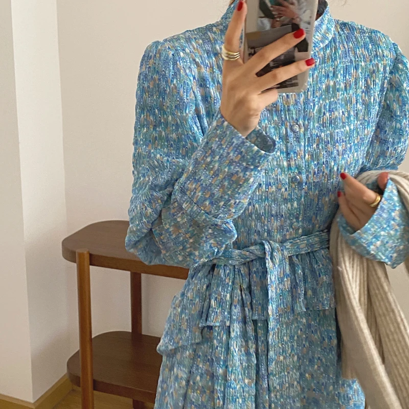 

Women Dresses Retro Long-Sleeves Floral Printing Gentle French Long Sweet Stand Collar Female Fashion Elegant