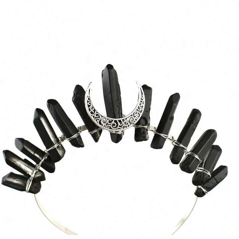 

Black Quartz Crystal Point Headband Tiara Women Wedding Crown Hair Jewelry Accessories