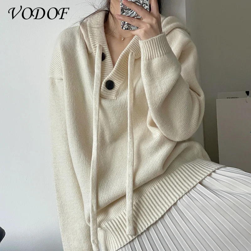 VODOF Autumn Winter Elegant Polo Sweater Women Cropped Sweater Fashion Lantern Sleeve Solid Pullover Casual Loose Knitted Top