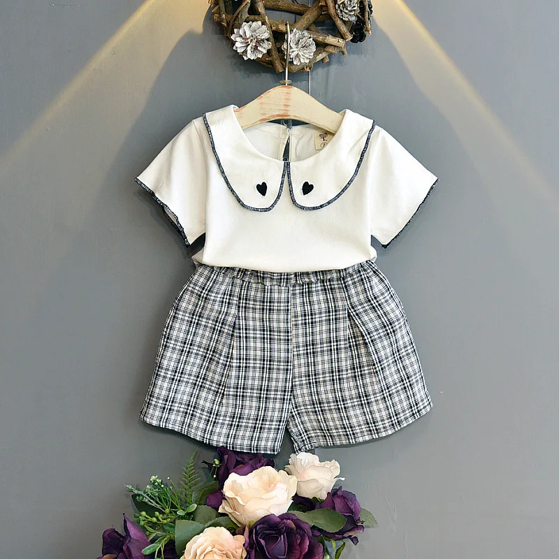 

kids clothing baby girl clothes Summer new Cotton short-sleeved love embroidered top + plaid shorts Sets 4-6y two piece set